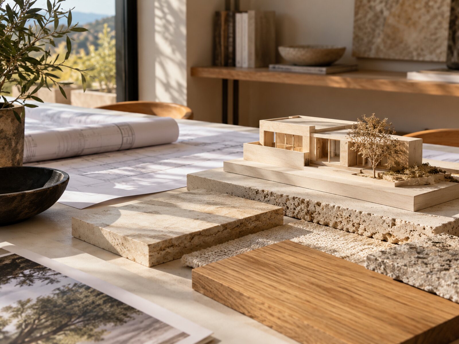 Τραπέζι μελέτης με αρχιτεκτονικά σχέδια, δείγματα υλικών και ξύλινη μακέτα.